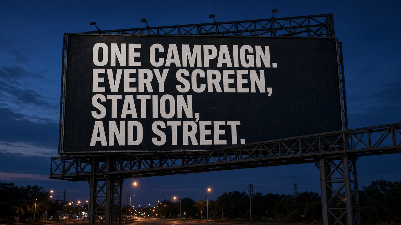 Outdoor board reading: One campaign. Every screen, station, and street.